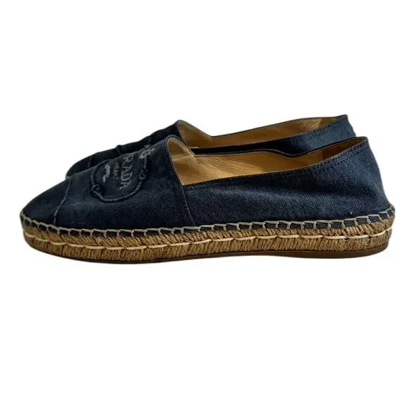 Prada Logo Blue Denim Espadrilles Size 37 Designer Slip On Flats Authentic - Picture 4 of 12